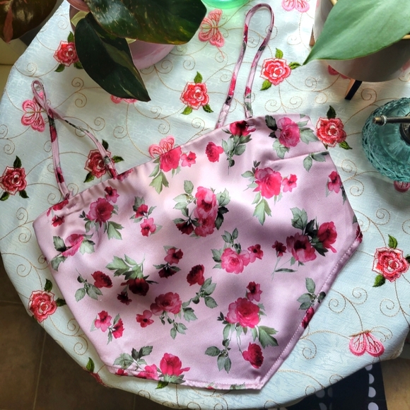 pink green floral print handkerchief tie back tank crop top small - Picture 1 of 10
